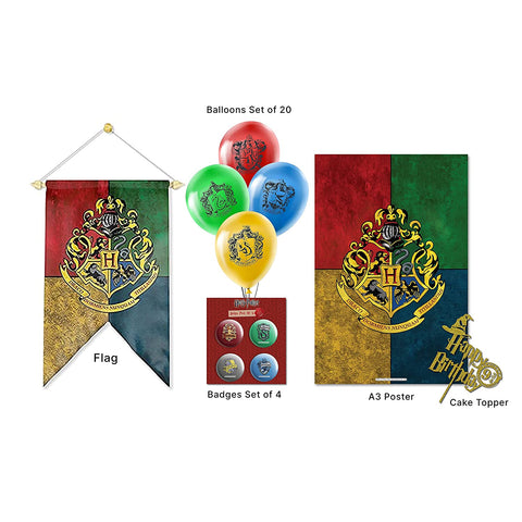 Harry Potter - Decorative Gift Set of (House Crest Flag + Set of 4 Badges + Balloons Set of 20 + Cake Topper + House Crest Poster)