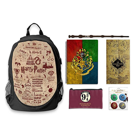 Harry Potter - Back to Hogwarts Combo (1 Backpack + 1 Pouch + Badges Set + 1 A5 Notebooks + 1 Magic wand + 1 Map))