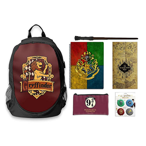 Harry Potter - Back to Hogwarts Combo (1 Backpack + 1  Pouch + Badges Set + 1 A5 Notebooks + 1 Elder wand + 1 Map))