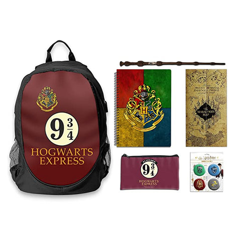 Harry Potter - Back to Hogwarts Combo (1 Backpack + 1 Pouch + Badges Set + 1 A5 Notebooks + 1 Elder wand + 1 Map))